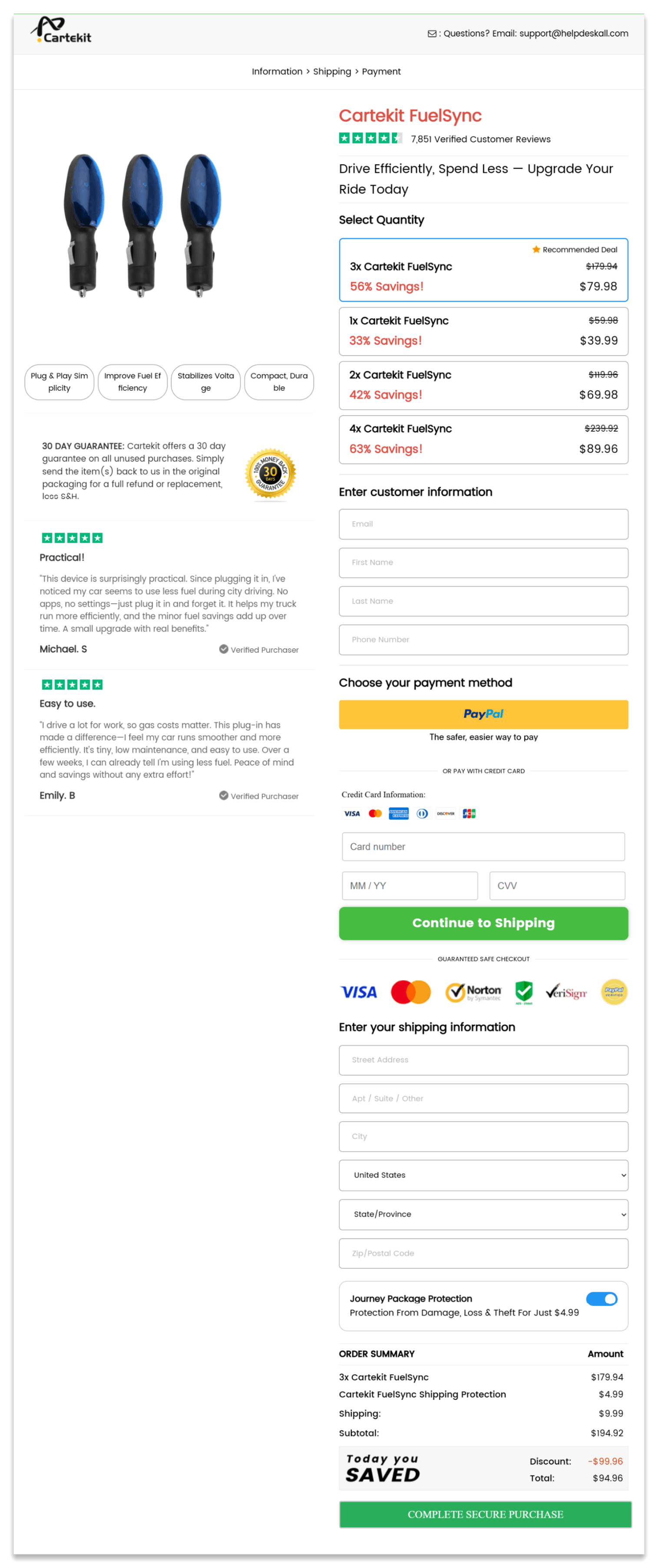 Cartekit FuelSync Optimizer secure checkout page